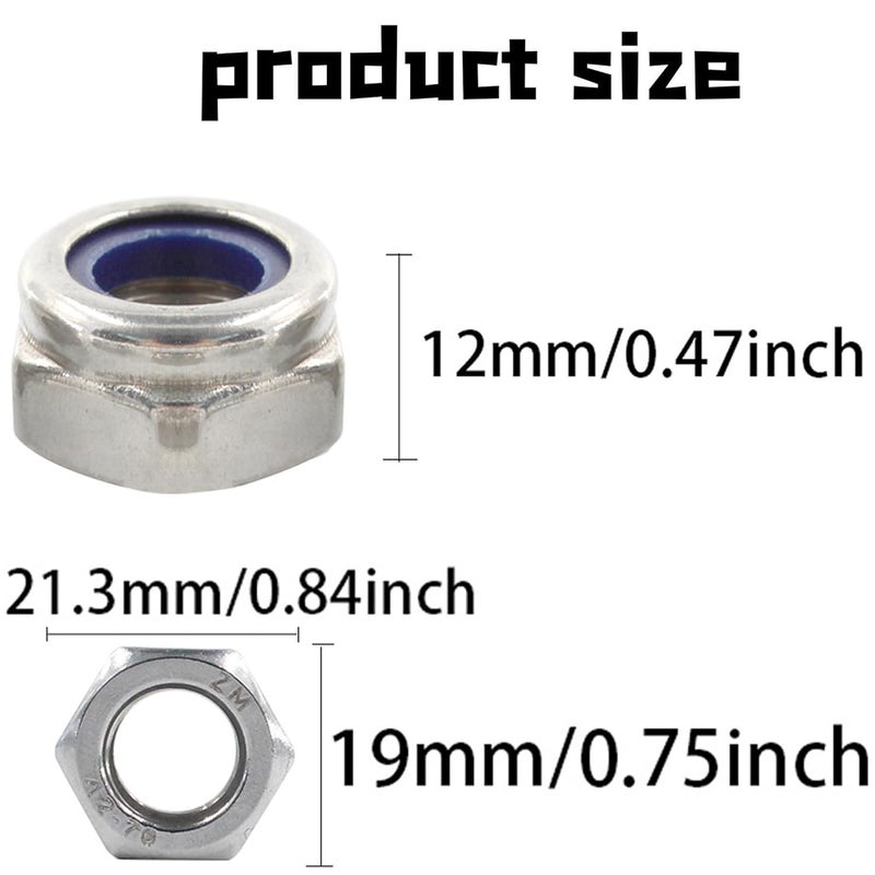 PDETVEO 10PCS Stainless Steel 304 Lock Nuts, M12-1.75 Nylon Insert Hex Lock Nuts - Image 3